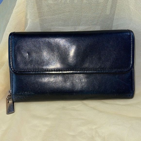 Fossil Black Leather Tri-Fold Wallet Checkbook Zip Coin Snap Closure - Picture 1 of 8